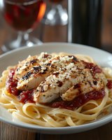 Grilled chicken breast sliced over fettuccine pasta with tomato sauce and parmesan cheese, served with red wine for an elegant dinner.
