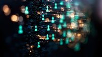 Futuristic network visualization with glowing turquoise user icons and golden bokeh lights against dark background, representing social connectivity and data flow.