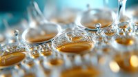 Macro photography of golden liquid droplets with intricate surface tension patterns creating abstract shapes against blurred background. Artistic water drops display.