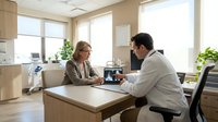 Professional medical consultation between doctor and mature female patient discussing treatment options in modern clinic office setting.
