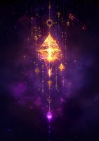 Mystical glowing geometric crystal with sacred symbols floating in cosmic purple space, surrounded by magical light trails and ethereal particles.