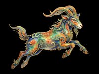 Ornate leaping goat with colorful swirling patterns, isolated on transparent background, ready for t-shirt design, stickers, clipart, and print on demand use.
