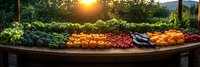 Fresh organic vegetables and pumpkins displayed on rustic wooden table at sunset, farm produce with golden sunlight through trees, autumn harvest panorama.