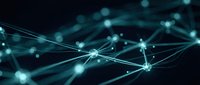 Abstract digital network with glowing nodes and connecting lines on dark background for technology and data visualization concepts.
