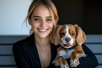 Young Caucasian woman with bright smile holding Cavalier King Charles Spaniel dog, wearing black blazer against dark background.