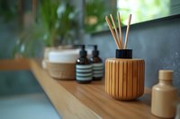 Wooden reed diffuser and aromatherapy bottles arranged on bathroom shelf against blurred background, creating zen spa atmosphere for wellness and relaxation.