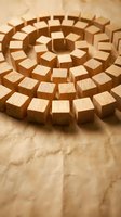 Wooden blocks arranged in spiral pattern on textured surface creating geometric design for business strategy and growth concepts.