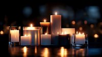 Glowing white candles in glass holders creating atmospheric lighting against dark background with bokeh effect, romantic ambiance for spa and wellness.