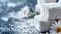 Homemade marshmallow cubes dusted with powdered sugar and decorated with fresh daisy flowers on dark background with soft bokeh effect and copy space.