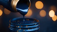 Mesmerizing dark liquid pouring from jar onto glass surface with golden bokeh lights in background, creating dramatic mood and reflective droplets.