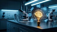Glowing lightbulb with brain filament surrounded by digital icons in modern laboratory setting representing innovation and scientific research breakthrough.