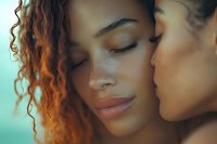 Young African American woman with curly red hair and freckles in tender moment with partner, eyes closed, intimate close-up portrait against turquoise background.