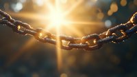 Rusty metal chain silhouetted against golden sunburst with lens flare and bokeh effects creates dramatic lighting and atmosphere for concepts of freedom and strength.