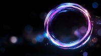 Glowing neon circle with pink and blue light trails against dark background, sparkling particles and bokeh effects create magical portal atmosphere.
