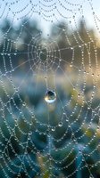 Spider web covered in morning dew drops with blurred natural background creating intricate patterns and delicate water pearls on silk threads.