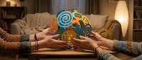 Senior woman and man with weathered hands wearing cozy sweaters playing with colorful toy car together on wooden table in warm living room setting.