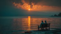 Romantic couple sitting on wooden bench watching golden sunset over calm lake water with dramatic orange clouds reflecting on surface creating peaceful evening atmosphere.