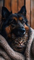 Close-up portrait of German Shepherd dog and tabby cat cuddling together under warm blanket, showing friendship between pets against wooden background.