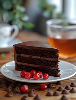 Slice of rich chocolate layer cake with ganache filling on white plate, garnished with fresh red currants. Dark chocolate chips scattered on wooden table.