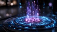 Glowing magical portal with rising energy beams in blue and purple colors against dark background with bokeh lights and futuristic circular patterns.