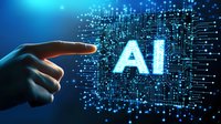 Human hand pointing at glowing AI letters on digital circuit background with blue technology interface for artificial intelligence concepts.