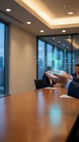Businessman in formal suit holding glowing digital shield with security icons in modern office conference room, representing cybersecurity, data protection, and network safety solutions.