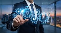 Businessman touching glowing digital gears with icons, representing innovation, automation, and smart business process management in a futuristic setting.