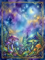 Enchanted forest floor with glowing mushrooms beneath a starry night sky and crescent moon, surrounded by ornate gold frame border and magical flora elements for fantasy artwork and mystical designs.