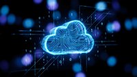 Digital cloud computing technology with glowing circuit patterns and binary code data streams on dark background for tech presentations and software development.