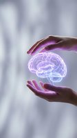 Protective hands surrounding glowing purple brain hologram representing mental health care, neuroscience research, cognitive protection and mind wellness concepts.