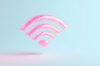 Pink glossy wifi symbol floating on soft blue background with gentle shadow, minimalist modern design concept for wireless connectivity and internet.