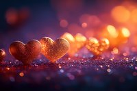 Glittering red hearts on sparkly surface with romantic bokeh lights in warm orange and purple tones creating magical Valentine's Day atmosphere.