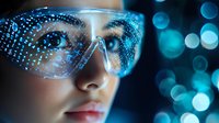 Young Asian woman wearing futuristic smart glasses with digital data reflection and blue bokeh lights background showing technological advancement in augmented reality.