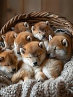 Adorable Shiba Inu puppies sleeping together in wicker basket with cozy knitted blanket, showing peaceful expressions and soft ginger fur. Perfect for pet care themes.
