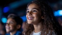 Young mixed race girl with curly hair smiling and looking up with joy and wonder during entertainment event, blue bokeh lights in dark background. Authentic candid moment.