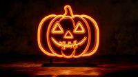 Glowing neon orange jack o'lantern pumpkin sign against dark background, creating spooky Halloween atmosphere with warm illumination and dramatic lighting effect.