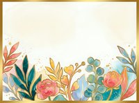 Watercolor floral border frame with pink peonies, gold leaves, and botanical elements on cream background, suitable for invitations and stationery design.
