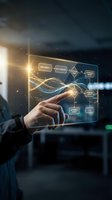 Businessman touching futuristic holographic interface with glowing data visualization and digital network connections in modern office environment.