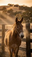 Brown horse standing by wooden fence in rural pasture at golden hour, suitable for agriculture, ranch, equestrian, and countryside lifestyle content.