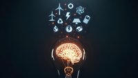 Glowing lightbulb with brain inside surrounded by renewable energy icons on dark background representing sustainable innovation and green technology solutions.
