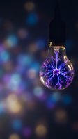 Plasma globe light bulb with purple and blue electrical filaments glowing against blurred bokeh background, suitable for energy, innovation, and technology concepts.