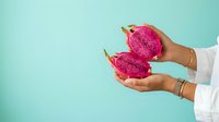 Close-up of hands holding two vibrant pink dragon fruits against turquoise background, showcasing exotic tropical produce for food, nutrition, and culinary content.