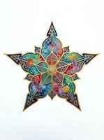 Ornate star with intricate floral patterns, gold accents, and vibrant multicolored botanical designs featuring flowers and decorative elements on isolated white background.