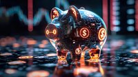 Glowing digital piggy bank with cryptocurrency and dollar symbols on dark background with financial data charts and market trends.