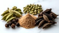 Aromatic spices collection with cardamom pods, black peppercorns, ground nutmeg powder and star anise on white marble background, macro food photography.