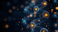 Glowing spiral DNA helix structure with golden light particles and blue bokeh effect on dark background, representing genetic science and biotechnology research.