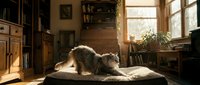 Fluffy gray long-haired cat stretching on a cozy pet bed in a warm sunlit living room with rustic wooden furniture.