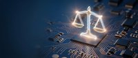 Digital justice scales glowing on computer circuit board representing legal technology, artificial intelligence in law, and modern judicial systems.