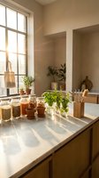 Warm sunlit kitchen counter with potted herbs, glass storage jars and wooden utensils creating cozy sustainable cooking space with natural morning light.