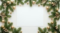 Evergreen branches with gold and bronze ornaments arranged in a festive frame around white copy space for holiday greeting cards and seasonal marketing materials.